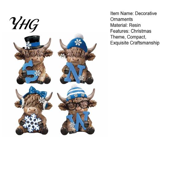 Elegant Seasonal Ornament 4Pcs Christmas Highland Cow Figurine, Winter Blue Yak Statues with Snowflakes Xmas Colorful Resin Crafts Hats, Farmhouse