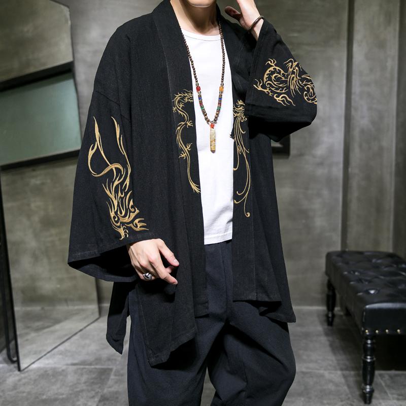 Fashion Costume Embroidery Hanfu Mens Chinese Style Robe Cardigan Jacket Oversized Kimono Ancient Coat Male