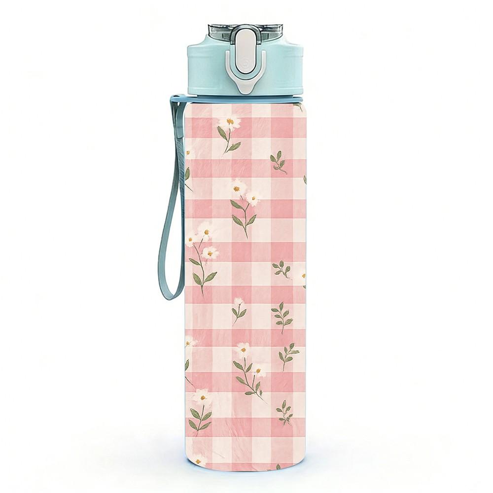 1PC Pink Gingham Plaid Texture Print 750ml Color Plastic Sports Water Bottle Leakproof Flip Straw Lid Suitable for Sports Office Home Use
