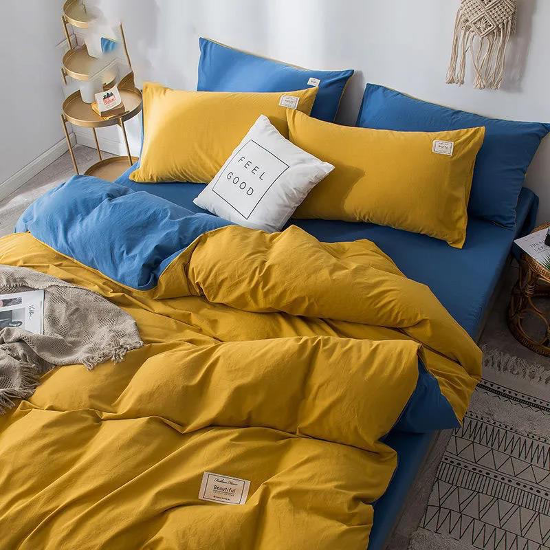 Современный простой комплект постельного белья из чистого хлопка, однотонная однотонная двуспальная кровать из четырех частей