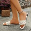 Fashion Sexy Knitted Lace Strap Breathable Slides Square Toe Flat Heel Slip On Sandals Women Summer Fashion Light Weight Beach Slippers