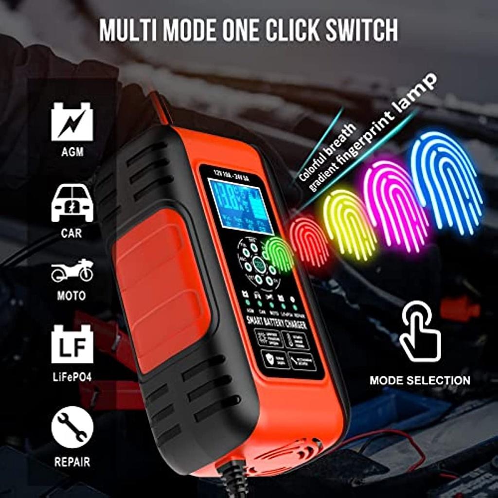 Автомобильное зарядное устройство на 10 А. Автомобильное зарядное устройство на 12 В/24 В. Полностью автоматическое интеллектуальное зарядное устройство с сенсорным ЖК-экраном для автомобиля, мотоцикла, газона.