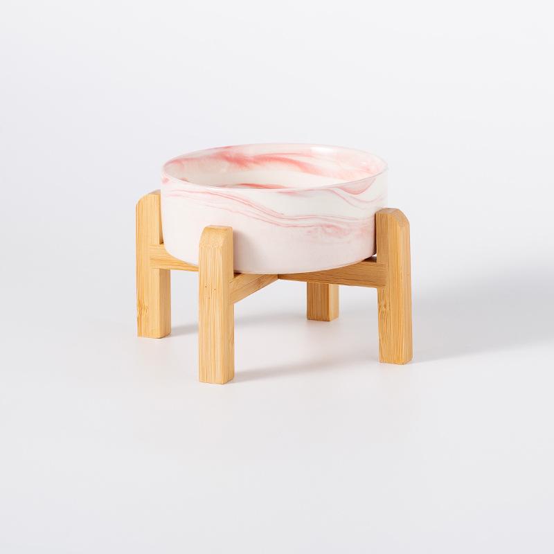 Керамическая миска для корма домашних животных с приподнятой бамбуковой подставкой - Антиопрокидывающаяся конструкция для собак и кошек, Защищает шейный отдел позвоночника