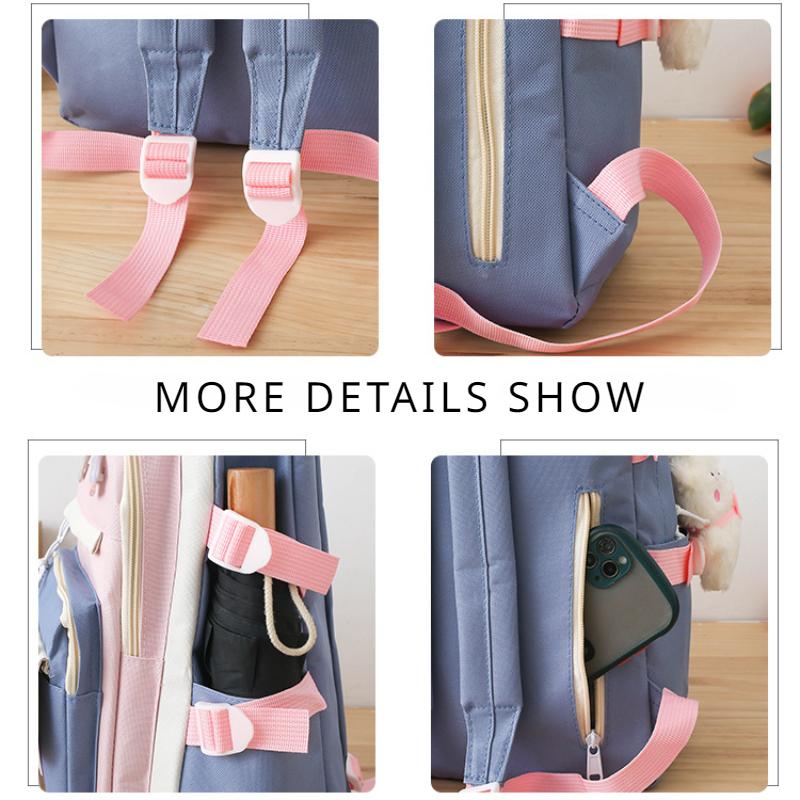 Middle School Boys and Girls School Bags Fashion Canvas Color Blocked Primary Student Backpack 5 Pcs Set Satchel with Tutoring Bag