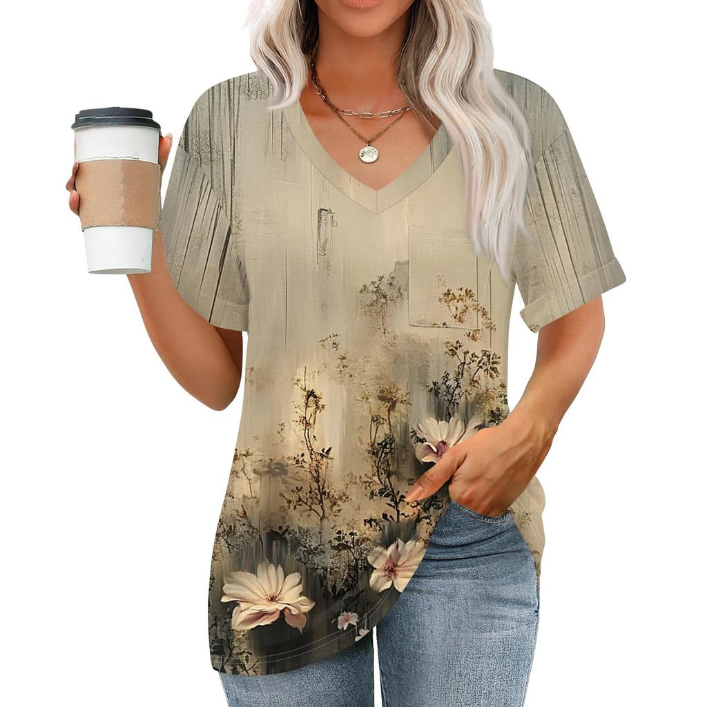 Womens Tops V-neck Short Sleeve Blouses Casual Fashion Print Tunic Tops With Pockets