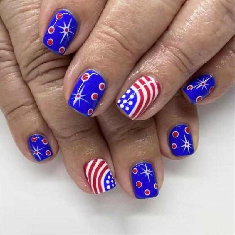 24 шт. Патриотические накладные ногти ко Дню независимости США, короткие, квадратные, с полосками, акриловые, наклейки