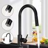 New 360Rotation Swivel Single Handle Kitchen Hot & Cold Water Mixer Taps Deck 304 material Black Pull Out Kitchen Faucet Two Function