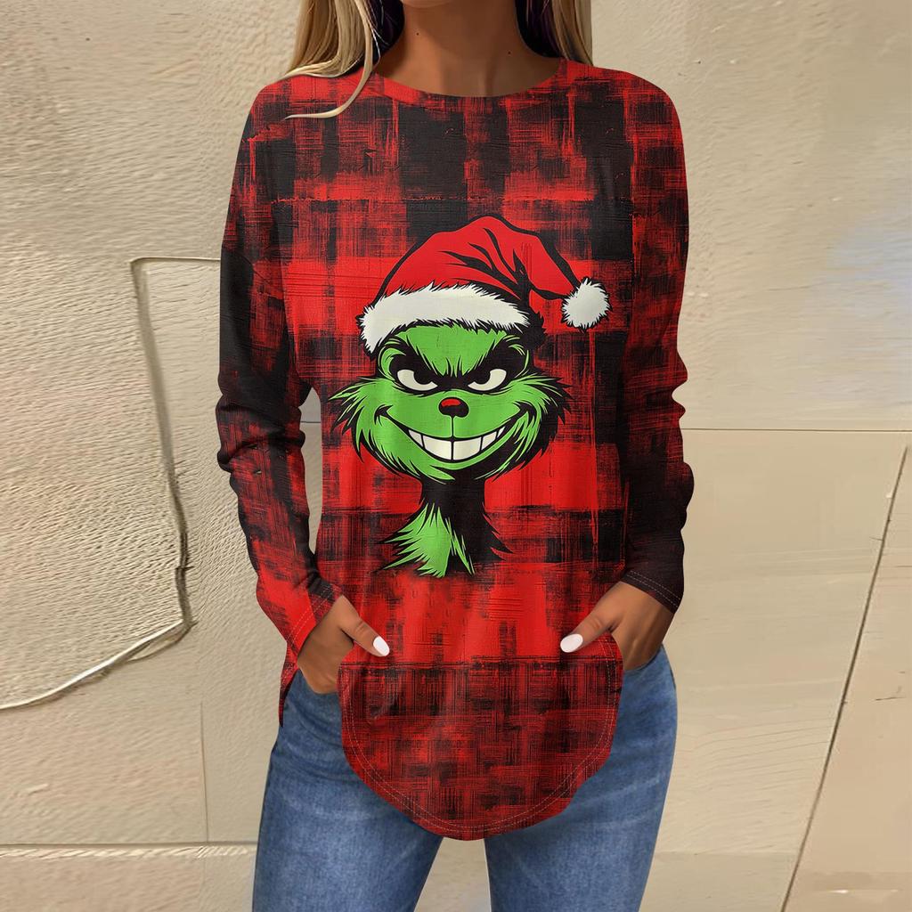 Women's Loose Round Neck Print Long Sleeve T-Shirt Top Pullover
