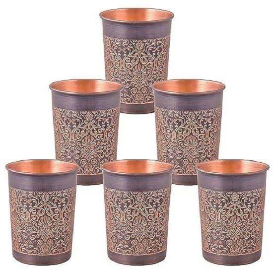 Copper Hammer Carving Water Matka Vessels Container Pot with Stainless Steel Tap 11 Litre AND Premium Copper Water Glass With Carving Design Set Of 6