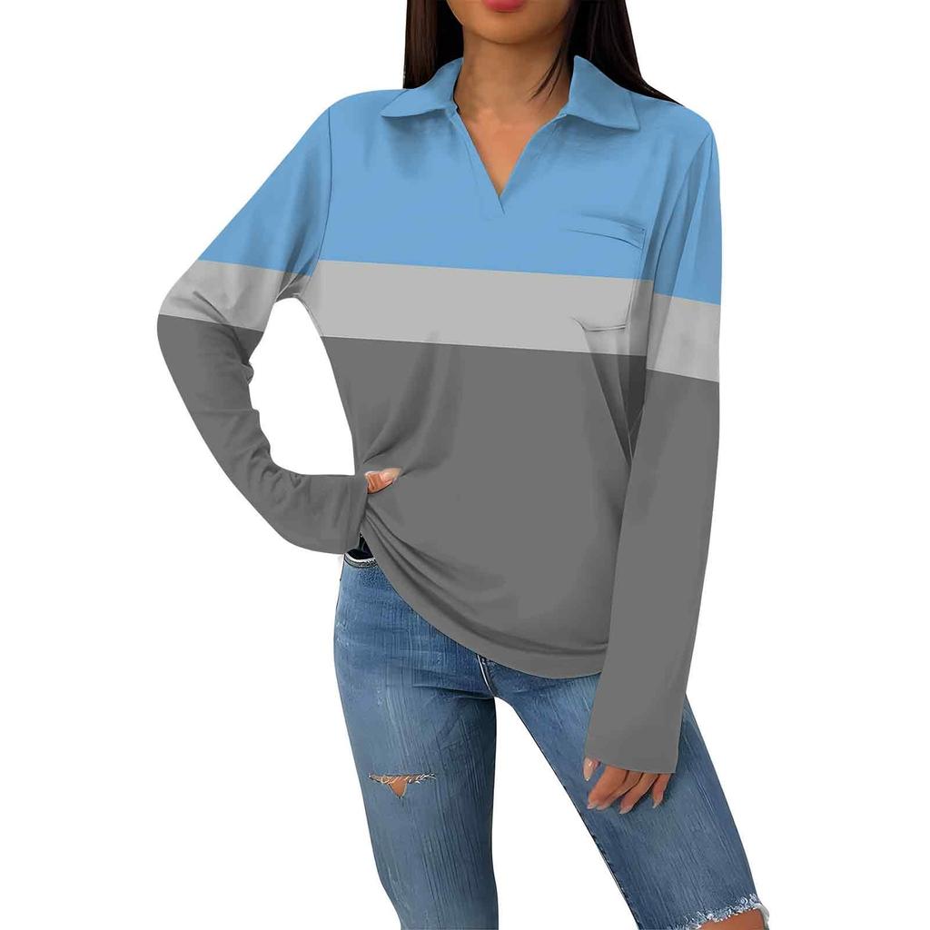 Женская модная повседневная футболка с длинным рукавом и V-образным вырезом в полоску с принтом и лацканами