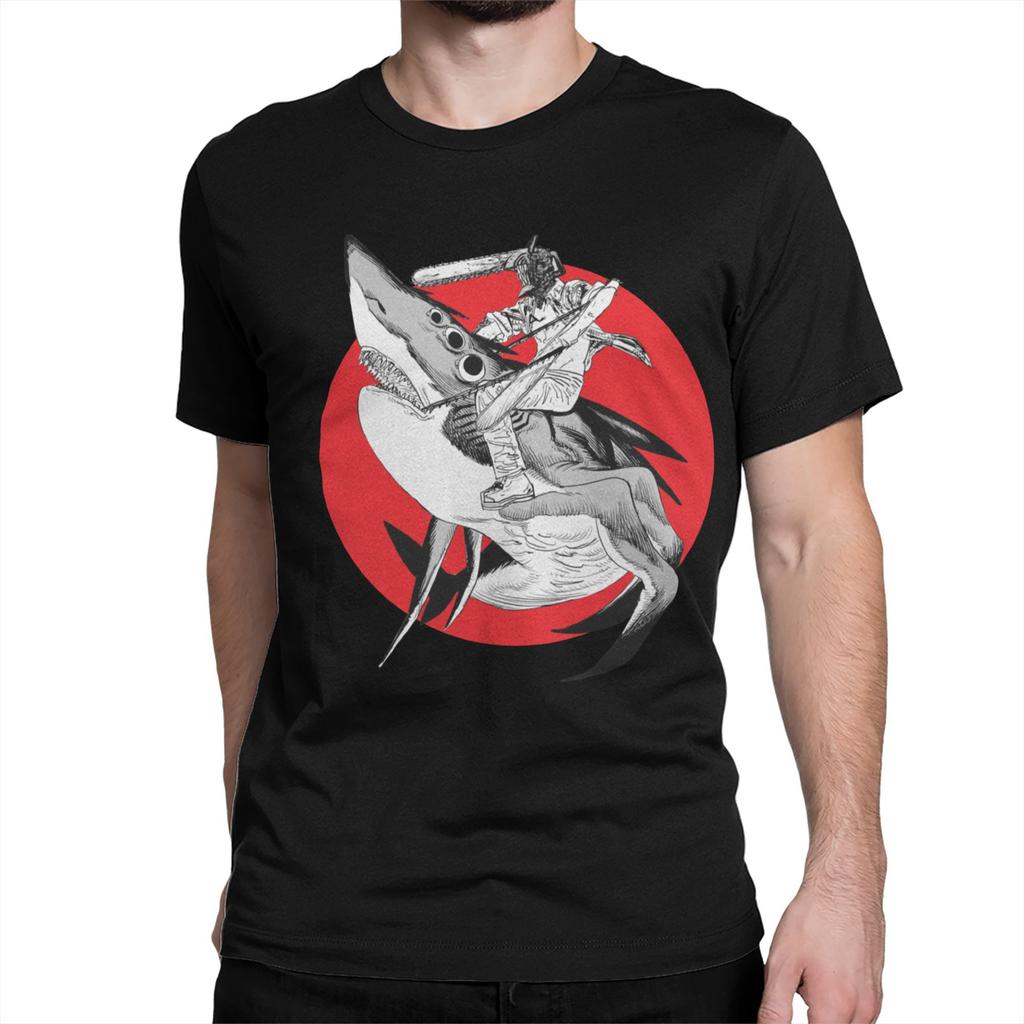 Shark and Denji T Shirts for Men Women Pure Cotton Awesome T-Shirt O Neck Chainsaw Man Manga Devil Makima Anime Tee Shirt  6XL