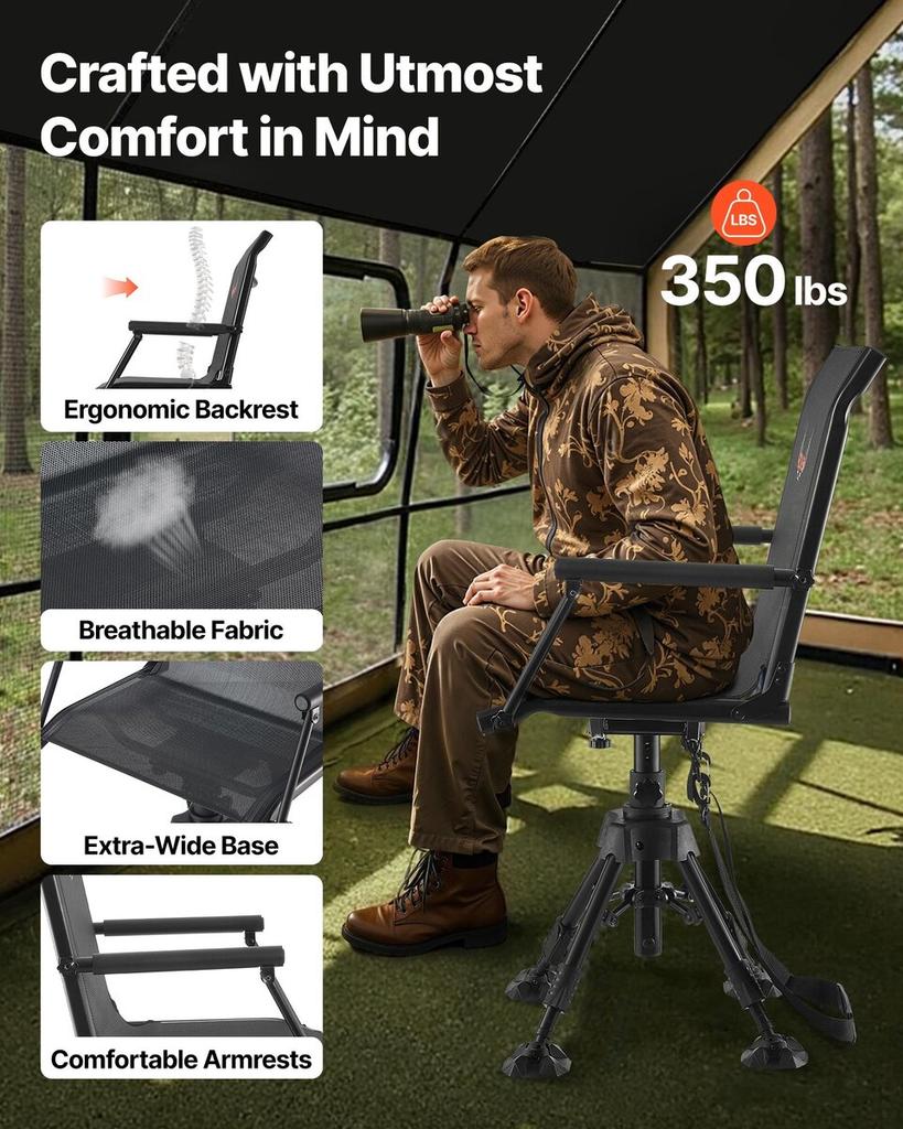 Hunting Chair, 360° Silent Swivel, Foldable Portable Blind Chair, Heavy-Duty Steel Frame Ground Stool Seat with Armrests, Anti-Sink Feet, Height