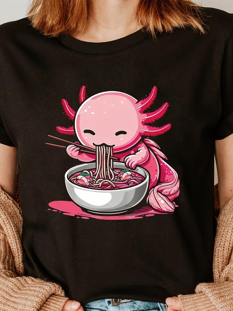 Cute Axolotl Eating Ramen Cartoon Graphic T-shirt