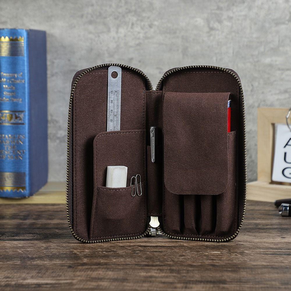 Винтажный стиль Натуральная кожа Пенал 4 отделения Дизайн Чехол для ручек Сумка для карандашей Канцелярские товары