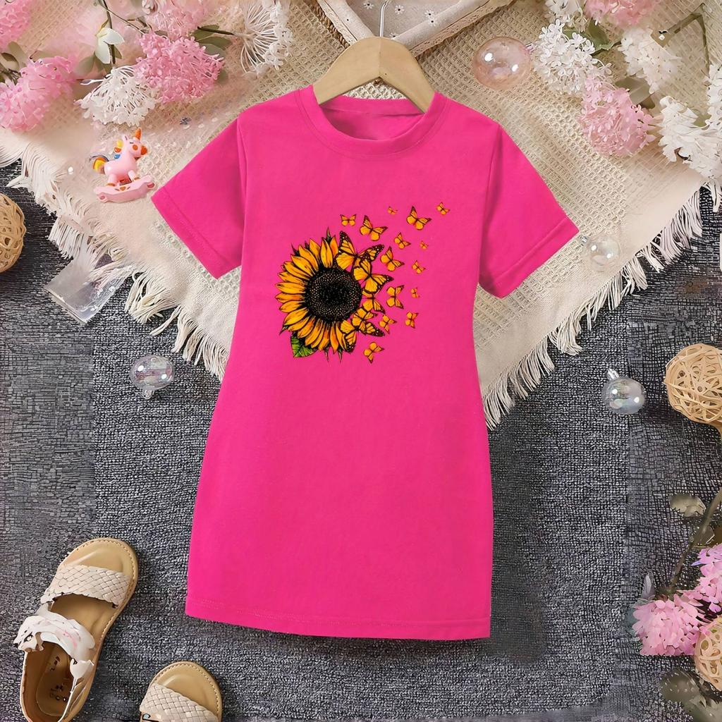 Girls' Sunflower Pattern T-Shirt Dress for Summer, Children's Casual Dress
