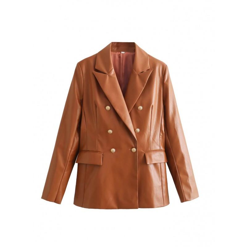 ZA Womens 2026 Fashion PU Leather Blazer Jacket 2 Colors Slim Fit Casual Outerwear