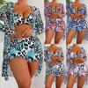 Swimsuit Women's Split Three Piece Set High Waist Long Sleeve Ins Overshirt Drawstring Printed Bikini Suits