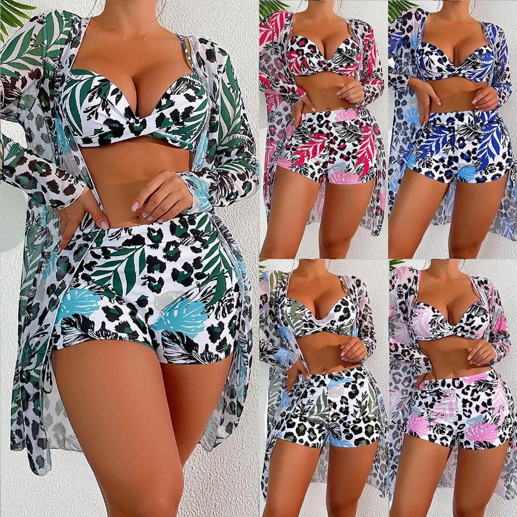 Swimsuit Women's Split Three Piece Set High Waist Long Sleeve Ins Overshirt Drawstring Printed Bikini Suits