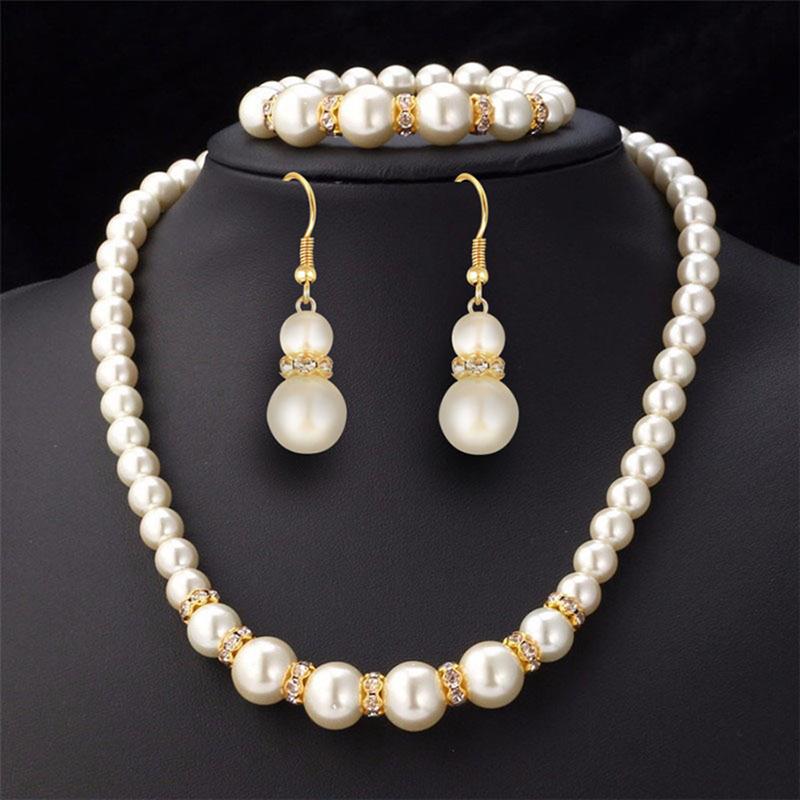 3In1 Set Elegant Pearl Necklace Earrings Bracelet Long Necklace Jewelry Gift