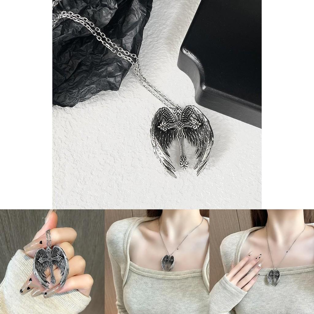 Стильное ожерелье с крестом и крыльями ангела из сплава для модных любителей панка и ретро