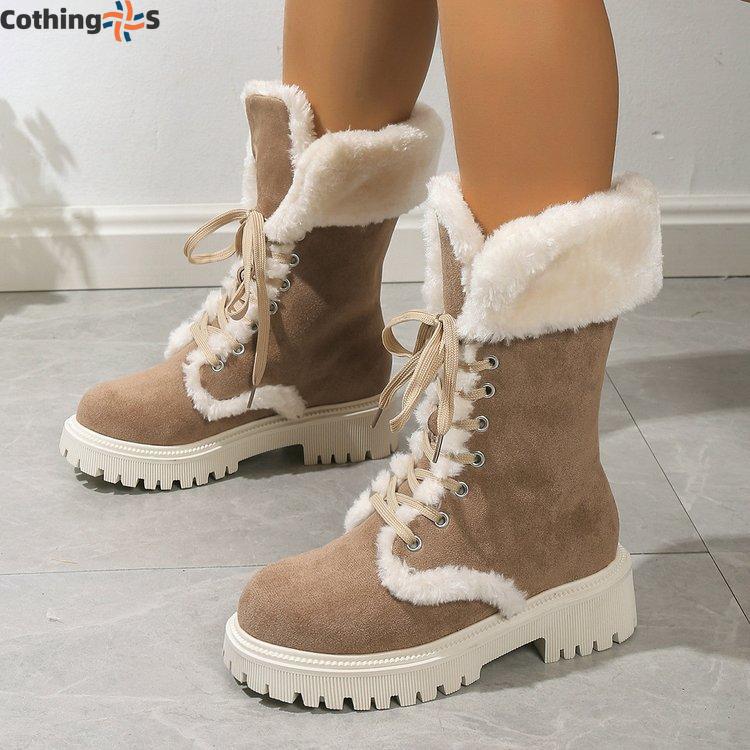 Зимние сапоги Зимние новые ретро сапоги с толстой подошвой Длинные плюшевые сапоги с толстой подошвой