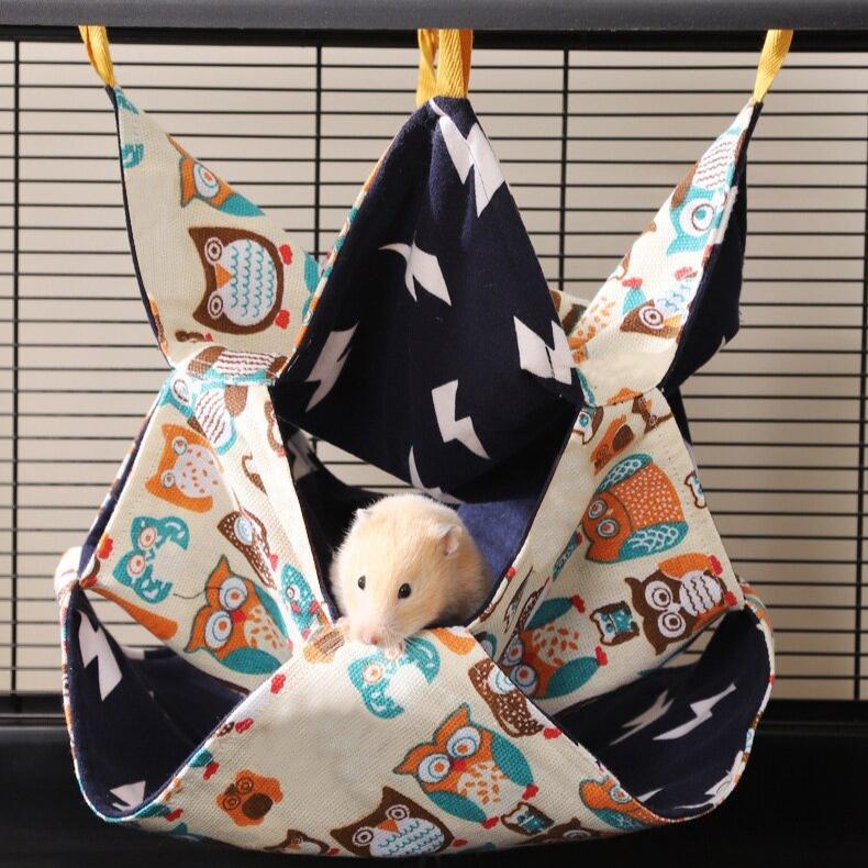3 Tier Small Pet Hammock Hanging Sleep Bed for Sugar Glider Ferret Chinchilla Rat Four-season Cute Owl Print Mouse Hammock Cages
