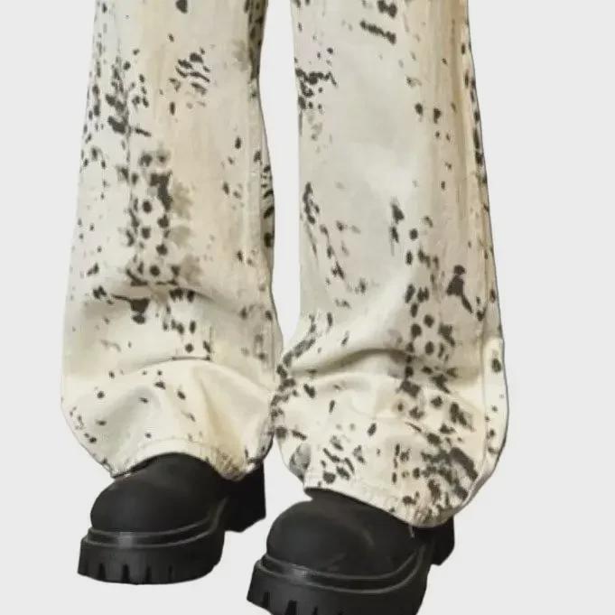 Унисекс Джинсы с высокой талией, в стиле ретро, с леопардовым принтом, с широкими штанинами - Весенне-осенний кэжуал