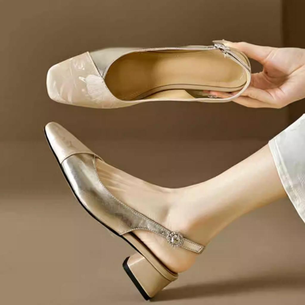 Square Head Thick Heel Empty Single Shoes Women 2025 Summer Out Temperament Middle Heel Fashion Thin Bag Head Sandals Tide