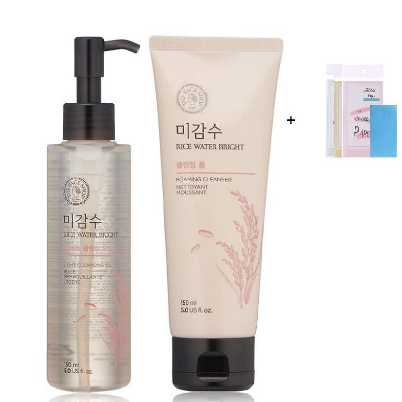The Face Shop Rice Water Bright Cleansing Light Oil 150ml 1pc+ Foam 150ml  1pc, 50pcs of Natural Oil Paper