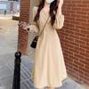 Women's Spring French Style Retro V-neck Strap Waist Slimming Quality Corduroy Dress