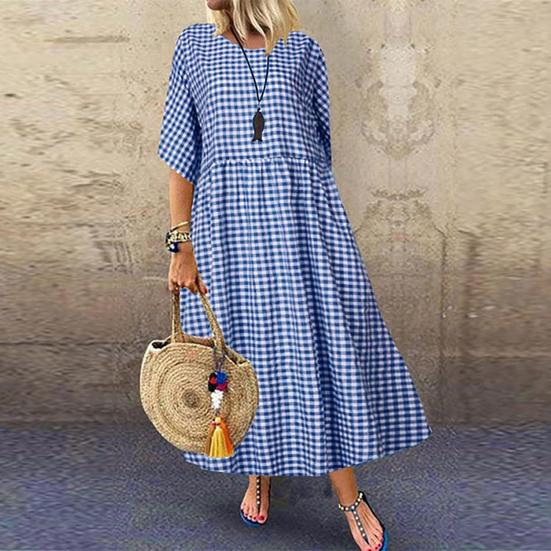 Summer Women Dress O Neck Check Print A-line Big Hem Short Sleeves Pleated Loose Pullover Commute Dating Maxi Dress Daily Long Dress
