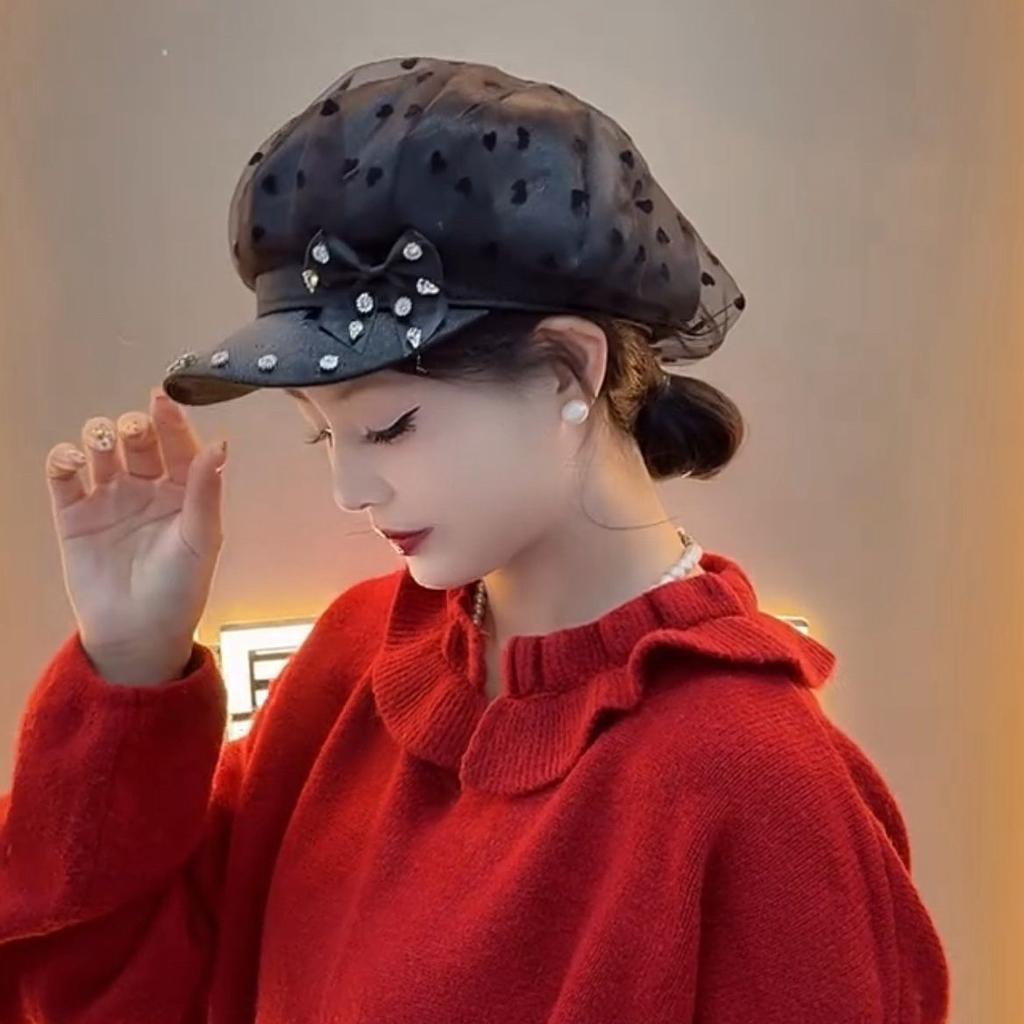 Женская шляпа Весна Осень Новое Поступление Шляпа Черная Сетка Точка МодаСамая Легкая для Сочетания Кепка с Козырьком Уменьшение Лица Восьмиугольная Шляпа Художник