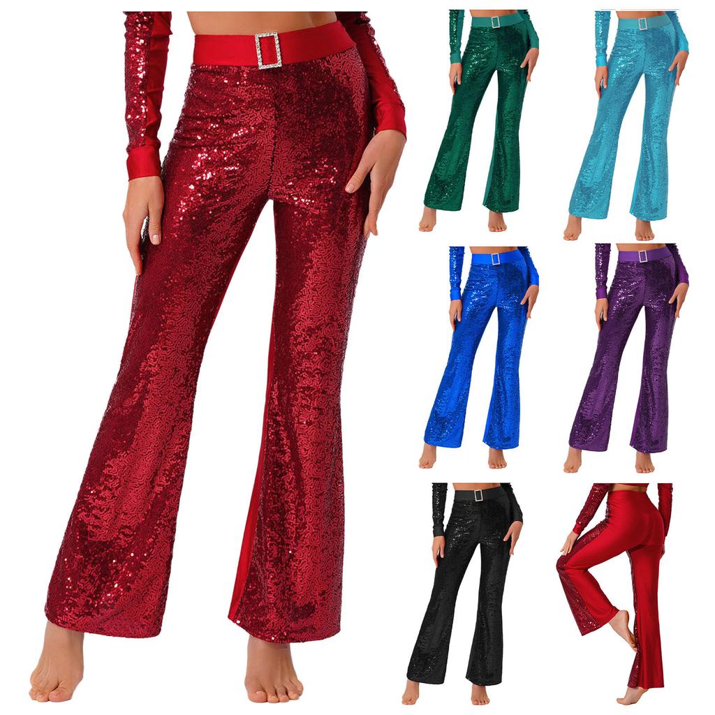 Womens Glittery Sequin Jazz Dance Pants Flared Design Elastic High Waist Rhinestone Decor Bell Bottom Trousers