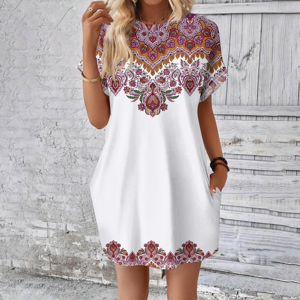 Женское модное летнее свободное платье-футболка средней длины с принтом и короткими рукавами