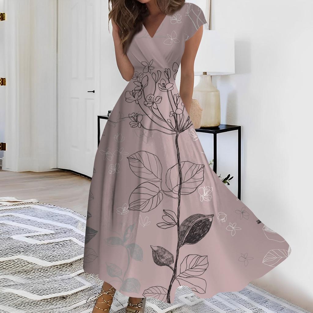 Женское длинное повседневное платье. Летнее платье с короткими рукавами и v-образным вырезом на талии с принтом.