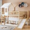 Bunk Bed with Right-Angle Ladder and Slide, with Roof and Window, with Fall Protection and Guardrail, Pine Frame, Natural+White (90x200cm)