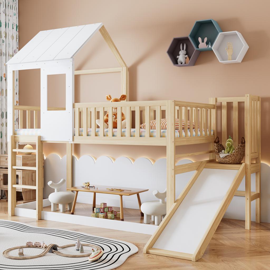 Bunk Bed with Right-Angle Ladder and Slide, with Roof and Window, with Fall Protection and Guardrail, Pine Frame, Natural+White (90x200cm)