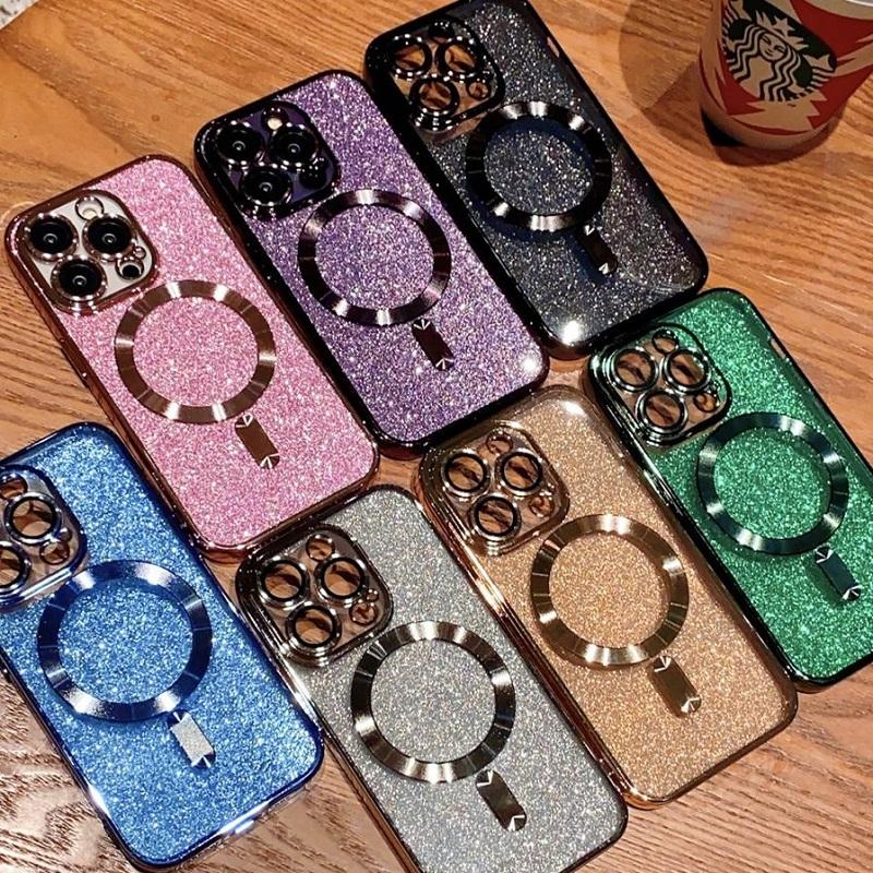 With Lens Protector Electroplate Phone Case for IPhone 15 14 11 12 13 Pro Max for Magsafe Wireless Charge Bumper Glitter Cover