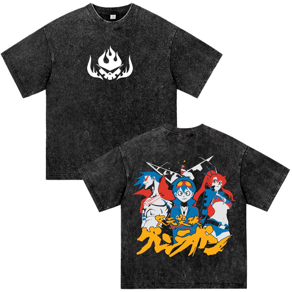 Anime Tengen Toppa Gurren Lagann Vintage Washed T Shirts Men Women Clothing Harajuku Casual Tops Short Sleeve Oversized T-shirts