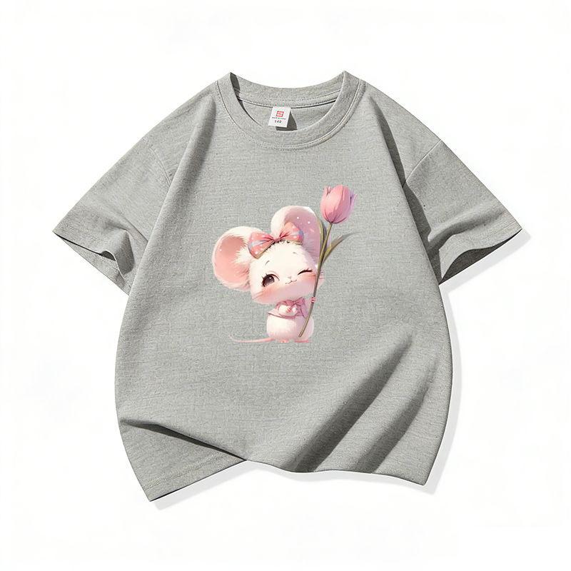 Kids Cotton T Shirt Charming Mouse With Pink Tulip Flower Print Crew Neck Short Sleeve Tee Casual Boys Girls Summer Tops