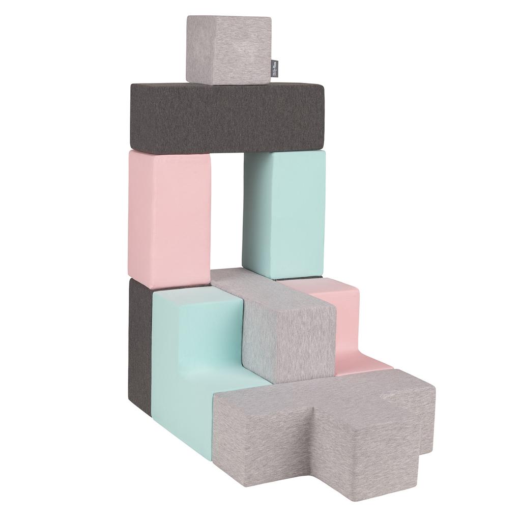 KiddyMoon Soft Foam Cubes Building Blocks 14cm for Children, 9 Pieces, Mix: Light Grey-dark Grey-pink-mint