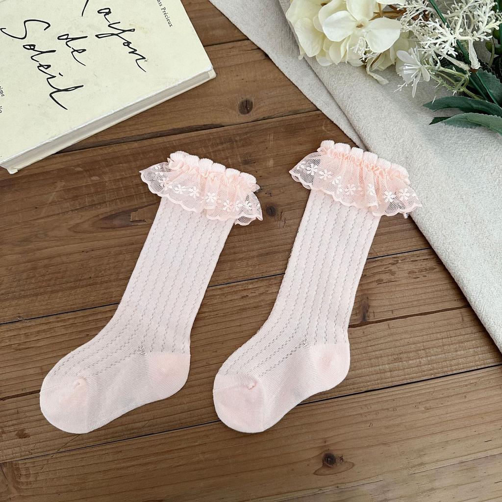 Весенне-летние тонкие детские гольфы, дышащая сетка, кружево, принцесса, детские хлопковые бесшовные гольфы до колена для новорожденных