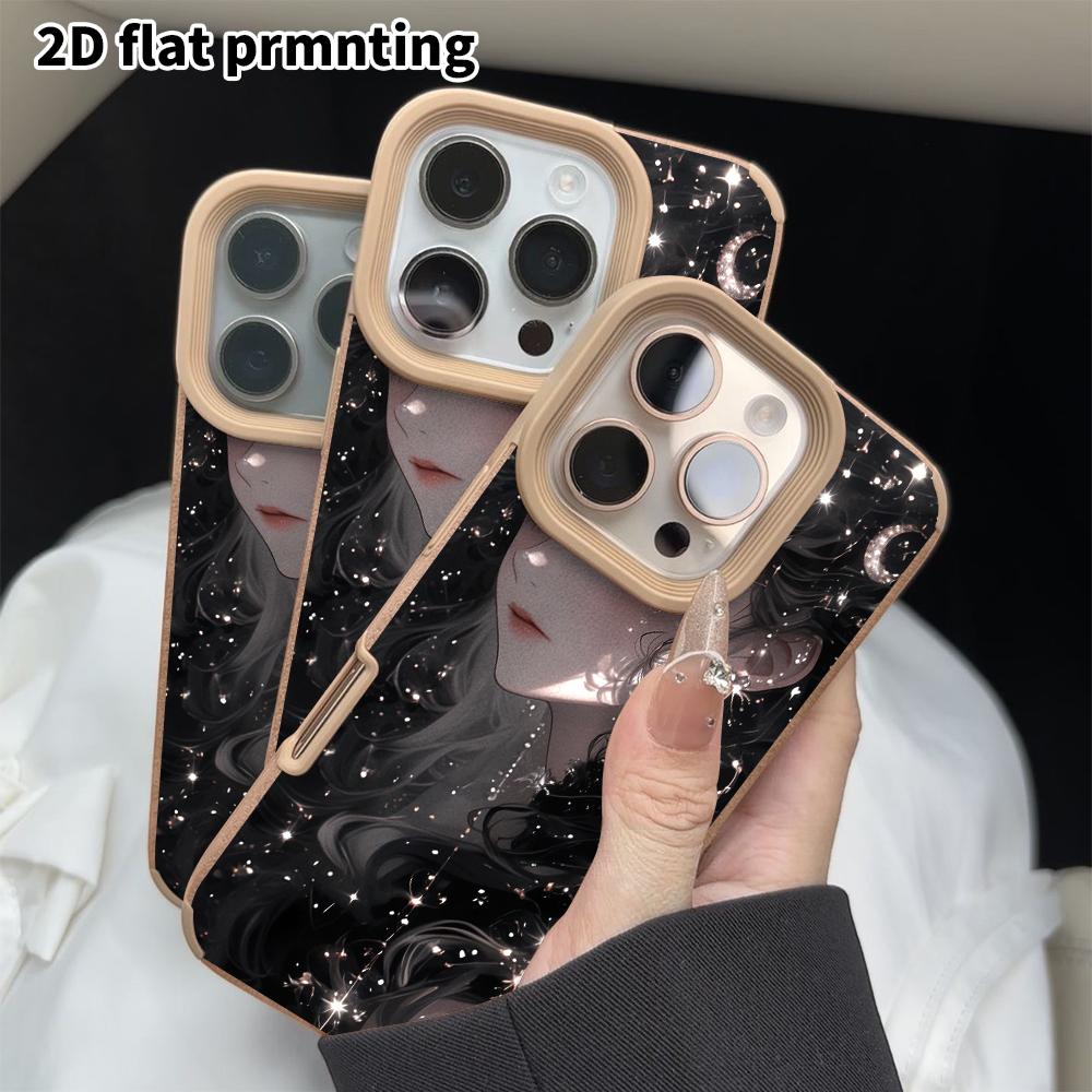 Phone Case: 2D flat lambskin suitable for iPhone 18, 17, 16, 15, 14, 13 Pro film protection case,star and moon girl, Christmas and Halloween gift