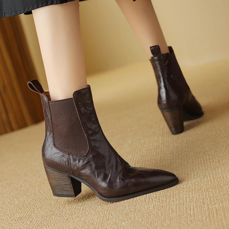 Короткие ботинки из натуральной кожи, женская обувь на осень/зиму, с острым носком и толстым каблуком для женщин, модные ретро-ботфорты ручной работы