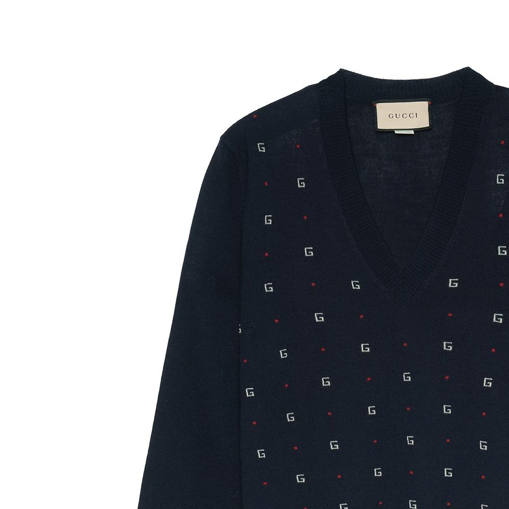 Gucci Jacquard-Motif V-Neck Jumper 'Navy' Men's 545628XKABL