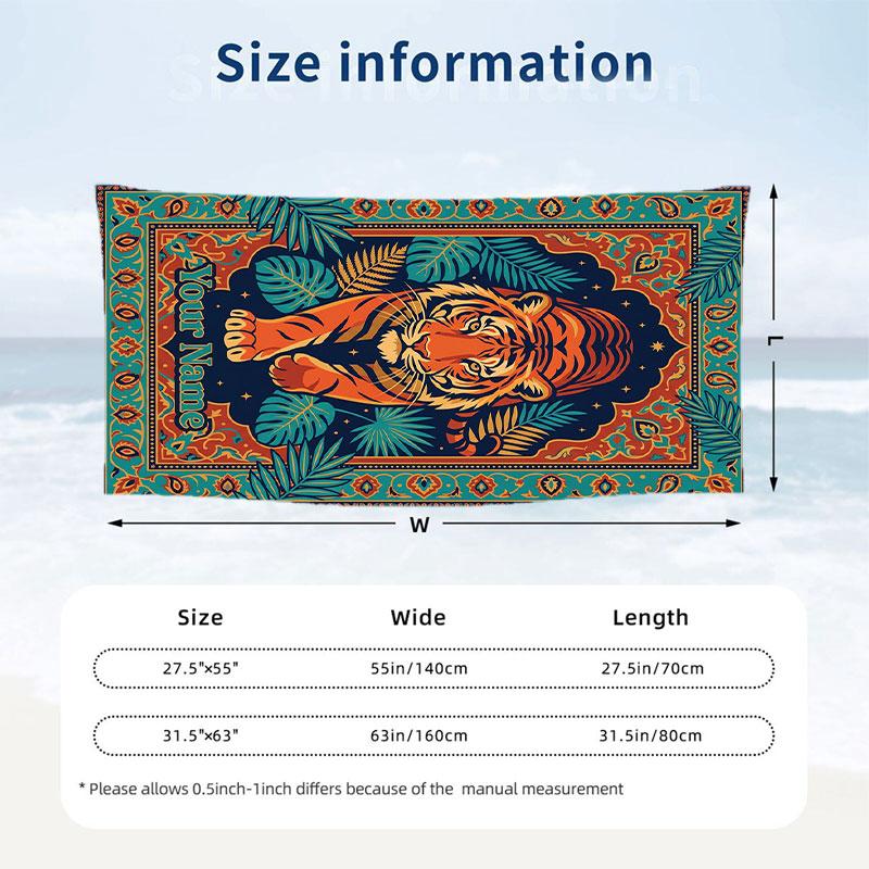 Tiger Art Poster Theme Quick Dry Beach Towel Custom Name Text Print Large Sand Resistant Towel Beach Vacation