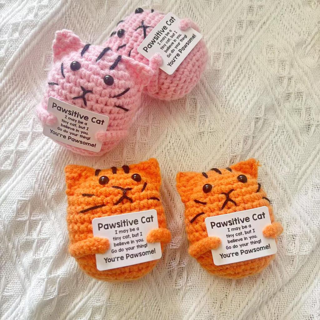 Positive Energy Cat Hug Pocket Doll Mini Handmade Plush Wool Knitting Doll With Card Funny Christams Gift Home Room Decoration