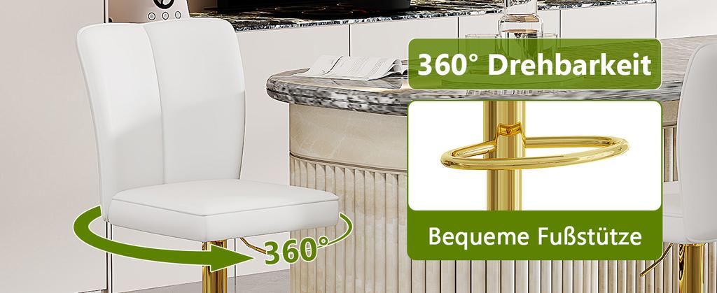 Height-Adjustable Bar Stool, Set of 2, 360 degrees Rotating, Luxurious White-Gold PU Leather, Water-Repellent, for Kitchen Islands. Colors Available.