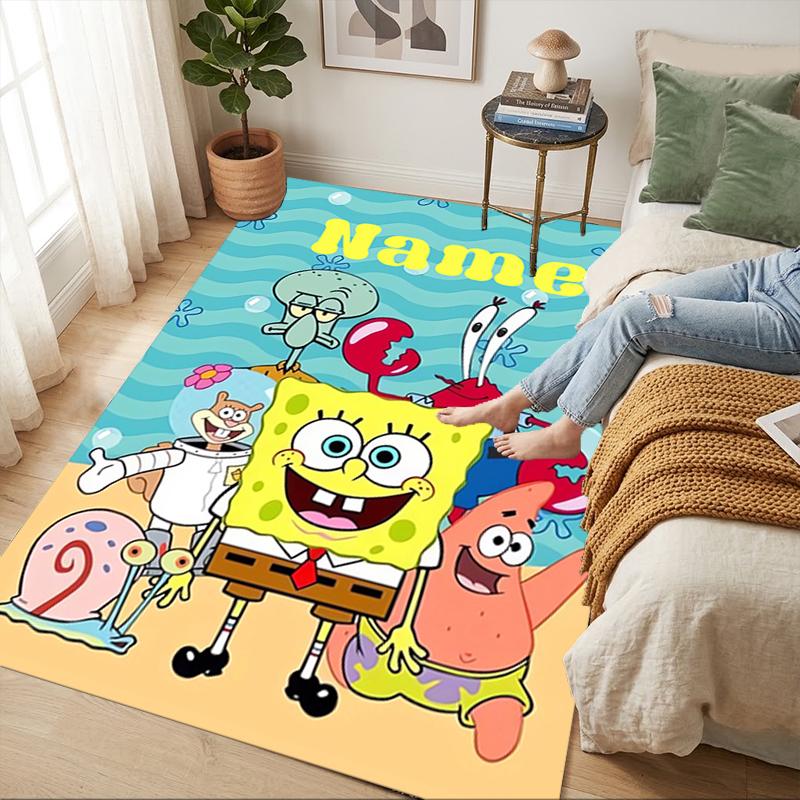 Personalized Name SpongeBob Friends Living Room Non-Slip Area Rug Soft Carpet for Bedroom Playroom Sofa Office Home Decor Doormat