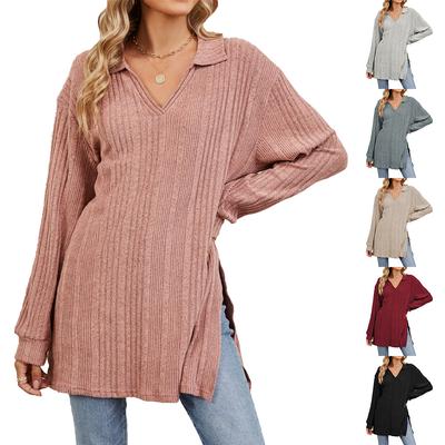 2024 Осень/Зима Новая однотонная свободная футболка с V-образным вырезом и длинными рукавами для женщин